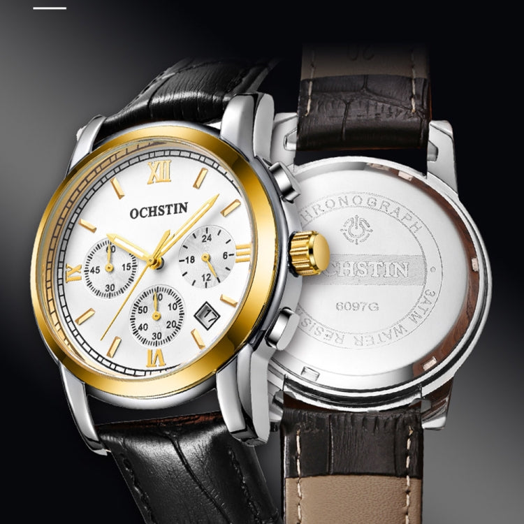 OCHSTIN 6097B Multifunctional Quartz Waterproof Luminous Men Leather Watch(Gold+Black+Black) - Leather Strap Watches by OCHSTIN | Online Shopping South Africa | PMC Jewellery | Buy Now Pay Later Mobicred