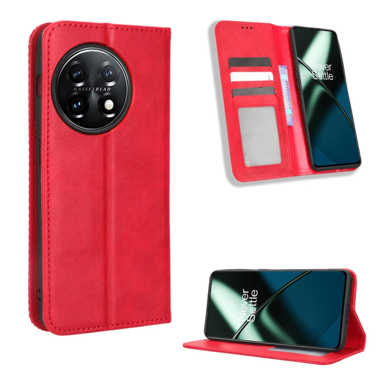 For OnePlus 11 5G Magnetic Buckle Retro Texture Leather Phone Case(Red) - OnePlus Cases by PMC Jewellery | Online Shopping South Africa | PMC Jewellery