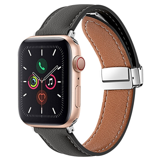 Folding Buckle Genuine Leather Watch Band For Apple Watch Ultra 49mm / Series 8&7 45mm / SE 2&6&SE&5&4 44mm / 3&2&1 42mm(Black) - Smart Wear by PMC Jewellery | Online Shopping South Africa | PMC Jewellery