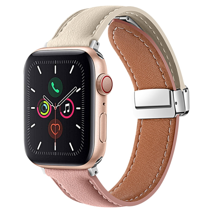 Folding Buckle Genuine Leather Watch Band For Apple Watch Ultra 49mm / Series 8&7 45mm / SE 2&6&SE&5&4 44mm / 3&2&1 42mm(White + Pink) -  by PMC Jewellery | Online Shopping South Africa | PMC Jewellery