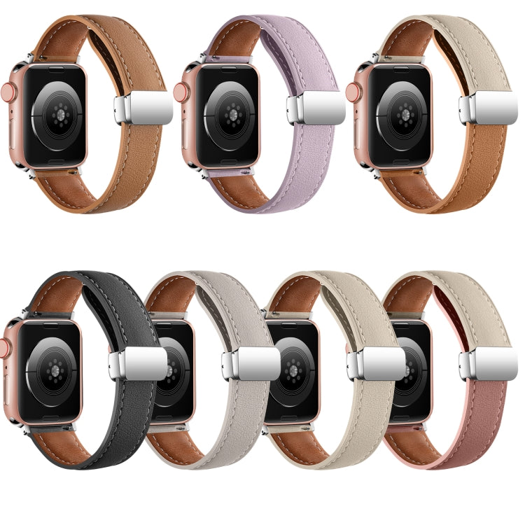 Folding Buckle Genuine Leather Watch Band For Apple Watch Ultra 49mm / Series 8&7 45mm / SE 2&6&SE&5&4 44mm / 3&2&1 42mm(White + Pink) -  by PMC Jewellery | Online Shopping South Africa | PMC Jewellery