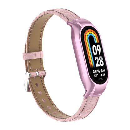 For Xiaomi Mi Band 8 Integrated Metal Case + Cocodile Texture Leather Watch Band(Pink) - Smart Wear by PMC Jewellery | Online Shopping South Africa | PMC Jewellery