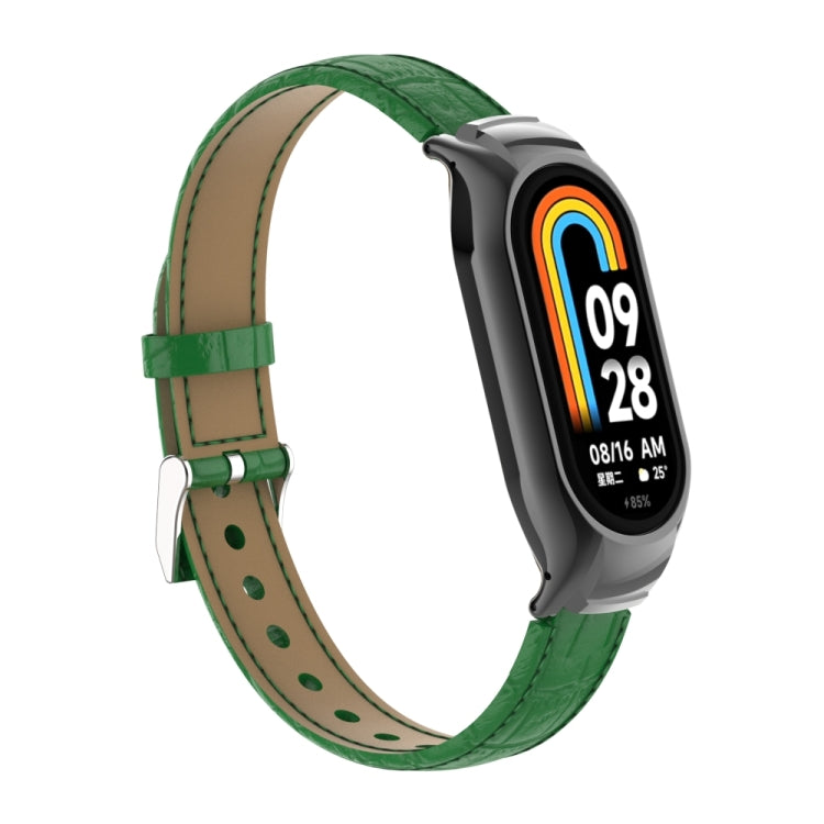 For Xiaomi Mi Band 8 Integrated Metal Case + Cocodile Texture Leather Watch Band(Green) - Smart Wear by PMC Jewellery | Online Shopping South Africa | PMC Jewellery