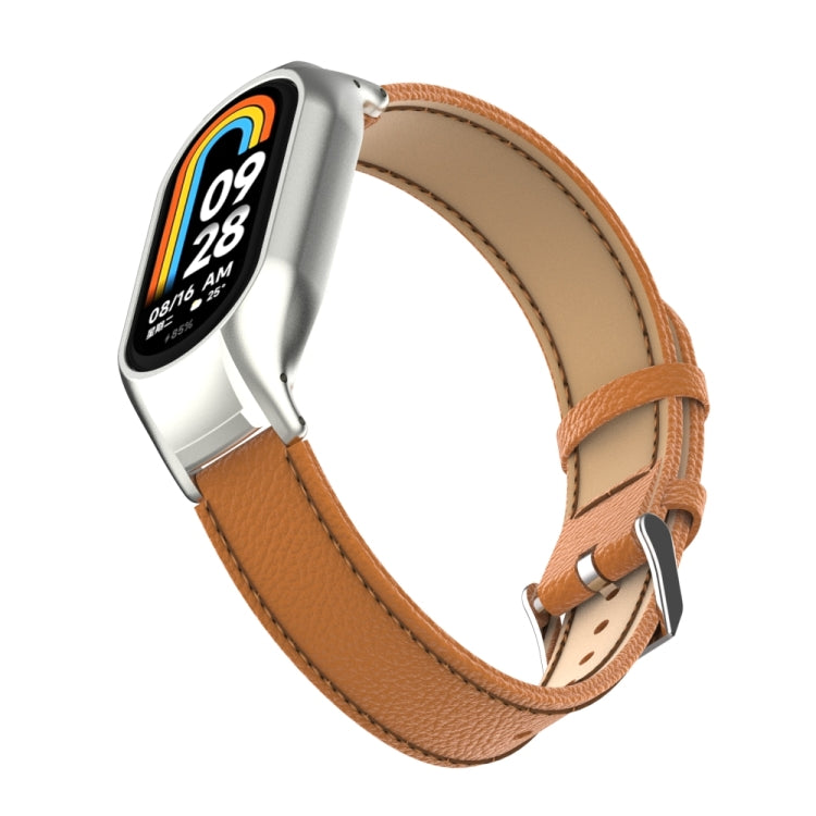 For Xiaomi Mi Band 8 Integrated Metal Case + Litchi Texture Leather Watch Band(Brown) - Smart Wear by PMC Jewellery | Online Shopping South Africa | PMC Jewellery