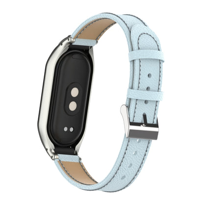 For Xiaomi Mi Band 8 Integrated Metal Case + Litchi Texture Leather Watch Band(Light Cyan) - Smart Wear by PMC Jewellery | Online Shopping South Africa | PMC Jewellery