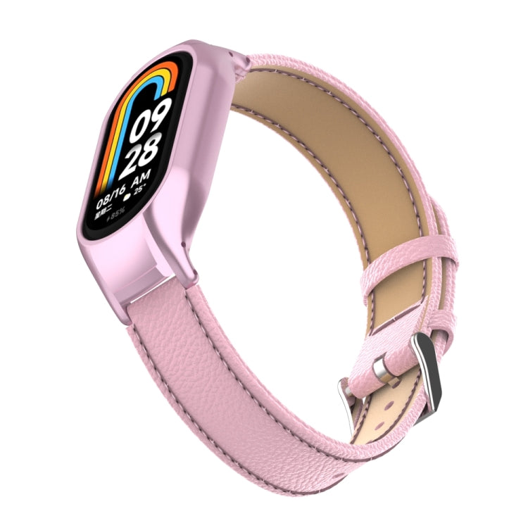 For Xiaomi Mi Band 8 Integrated Metal Case + Litchi Texture Leather Watch Band(Pink) - Smart Wear by PMC Jewellery | Online Shopping South Africa | PMC Jewellery