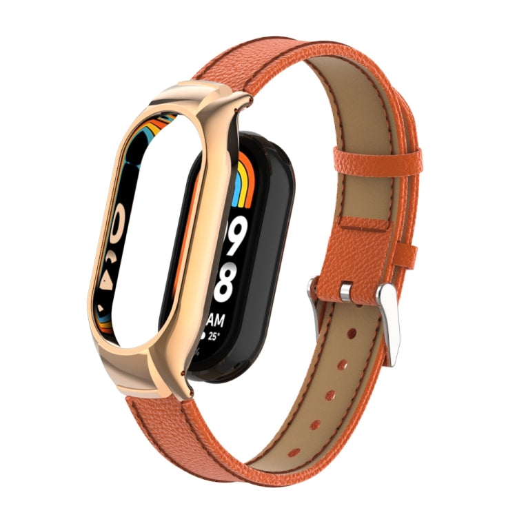 For Xiaomi Mi Band 8 Integrated Metal Case + Litchi Texture Leather Watch Band(Orange) - Smart Wear by PMC Jewellery | Online Shopping South Africa | PMC Jewellery