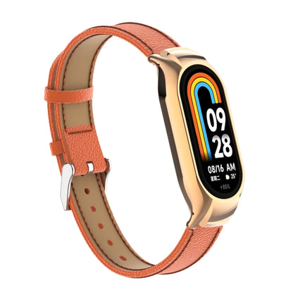 For Xiaomi Mi Band 8 Integrated Metal Case + Litchi Texture Leather Watch Band(Orange) - Smart Wear by PMC Jewellery | Online Shopping South Africa | PMC Jewellery