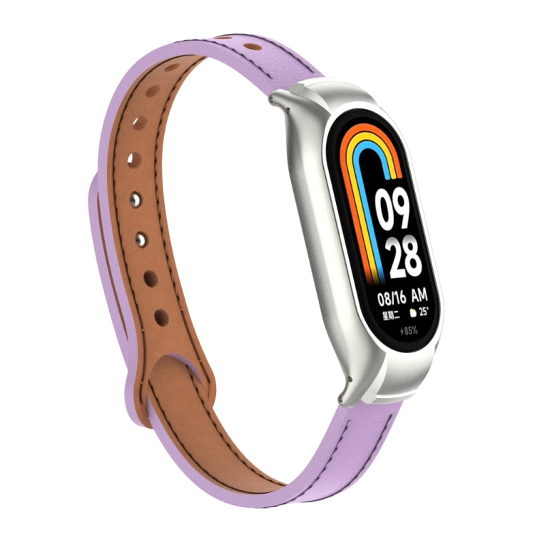 For Xiaomi Mi Band 8 Integrated Metal Case + Double Nail Microfiber Leather Watch Band(Pink Purple) - Smart Wear by PMC Jewellery | Online Shopping South Africa | PMC Jewellery