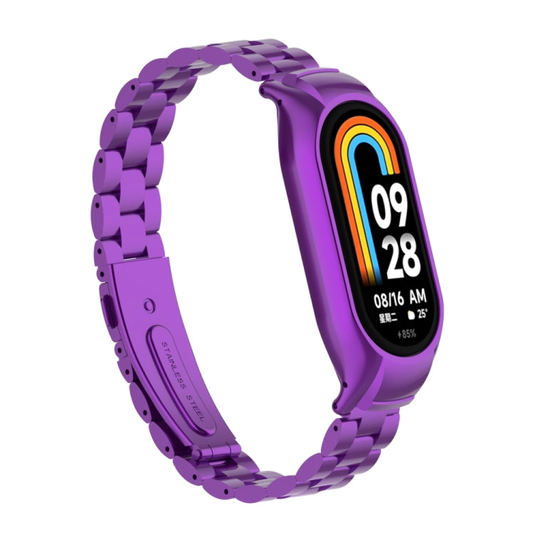 For Xiaomi Mi Band 8 Integrated Metal Case + Three-bead Watch Band(Purple) - Smart Wear by PMC Jewellery | Online Shopping South Africa | PMC Jewellery