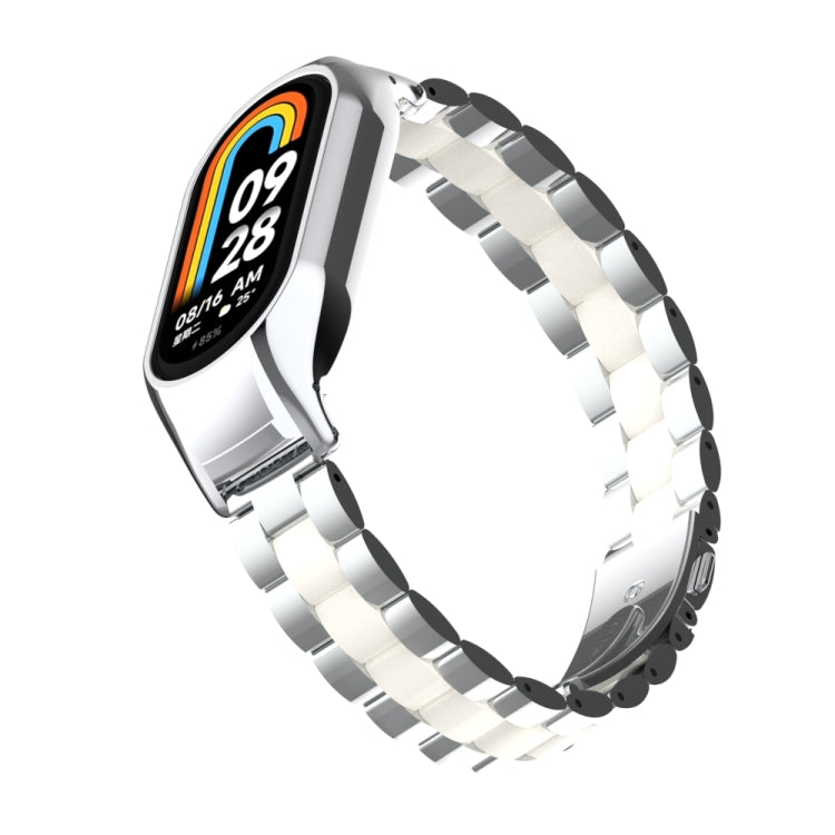 For Xiaomi Mi Band 8 Integrated Metal Case + Three-bead Watch Band(Silver+White) - Smart Wear by PMC Jewellery | Online Shopping South Africa | PMC Jewellery