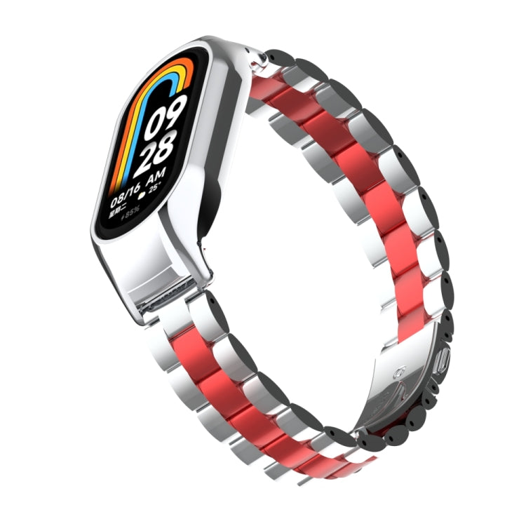 For Xiaomi Mi Band 8 Integrated Metal Case + Three-bead Watch Band(Silver+Red) - Smart Wear by PMC TechLife | Online Shopping South Africa | PMC TechLife