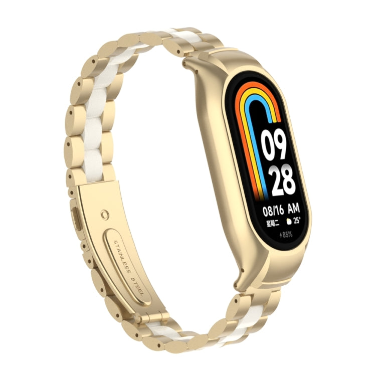 For Xiaomi Mi Band 8 Integrated Metal Case + Three-bead Watch Band(Champagne+White) - Smart Wear by PMC Jewellery | Online Shopping South Africa | PMC Jewellery