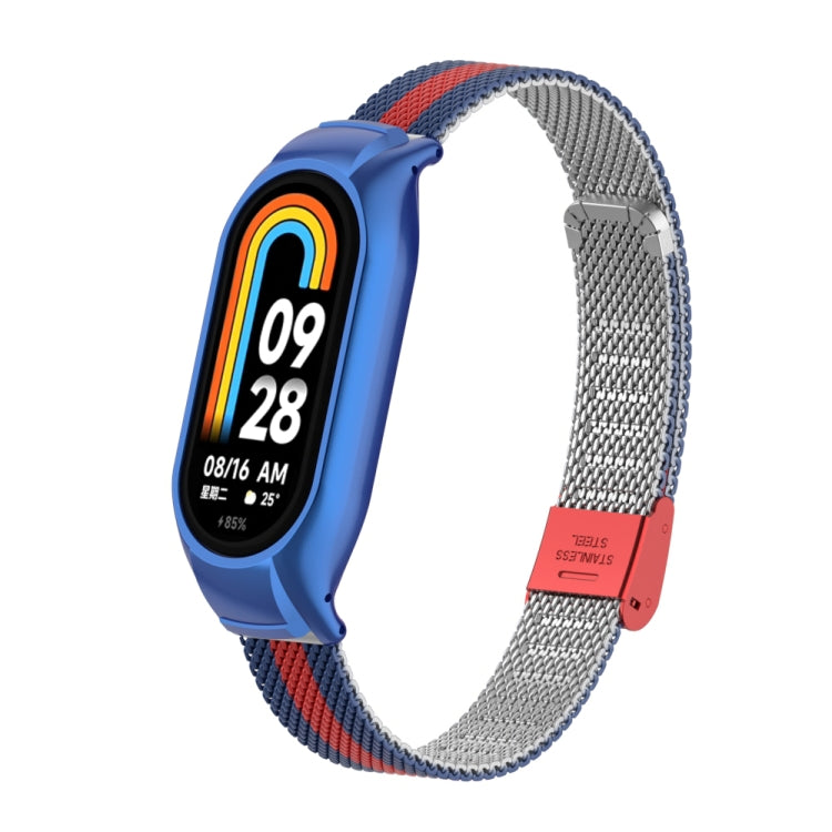 For Xiaomi Mi Band 8 Integrated Metal Case + Steel Mesh Buckle Watch Band(Blue+Red) - Smart Wear by PMC Jewellery | Online Shopping South Africa | PMC Jewellery