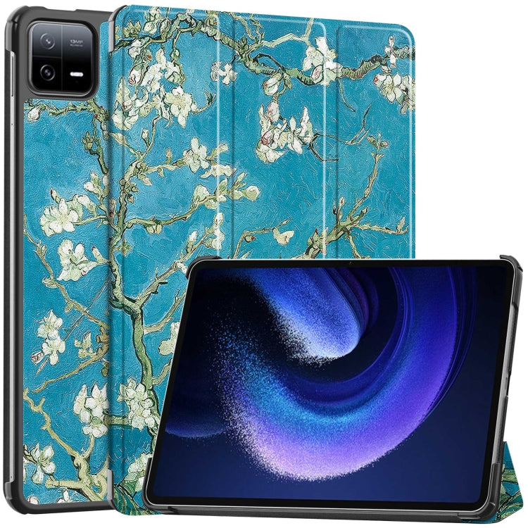 For Xiaomi Pad 6 / 6 Pro Custer Painted 3-Fold Stand Leather Smart Tablet Case(Apricot Blossom) -  by PMC Jewellery | Online Shopping South Africa | PMC Jewellery