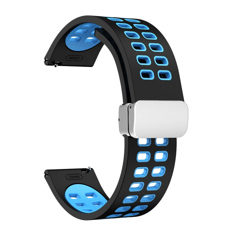 20mm Double-row Hole Folding Silver Buckle Two-color Silicone Watch Band(Black Sky Blue) - Smart Wear by PMC TechLife | Online Shopping South Africa | PMC TechLife