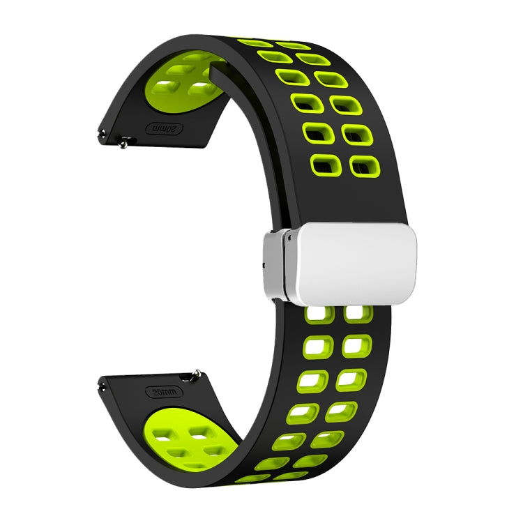 20mm Double-row Hole Folding Silver Buckle Two-color Silicone Watch Band(Black Green) - Smart Wear by PMC TechLife | Online Shopping South Africa | PMC TechLife