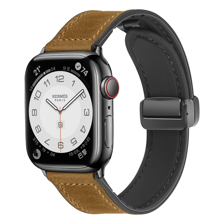 Magnetic Folding Silicone Leather Watch Band For Apple Watch Ultra 49mm / Series 8&7 45mm / SE 2&6&SE&5&4 44mm / 3&2&1 42mm (Light Brown) - Watch Bands by PMC Jewellery | Online Shopping South Africa | PMC Jewellery