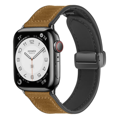 Magnetic Folding Silicone Leather Watch Band For Apple Watch Ultra 49mm / Series 8&7 45mm / SE 2&6&SE&5&4 44mm / 3&2&1 42mm (Light Brown) - Watch Bands by PMC Jewellery | Online Shopping South Africa | PMC Jewellery