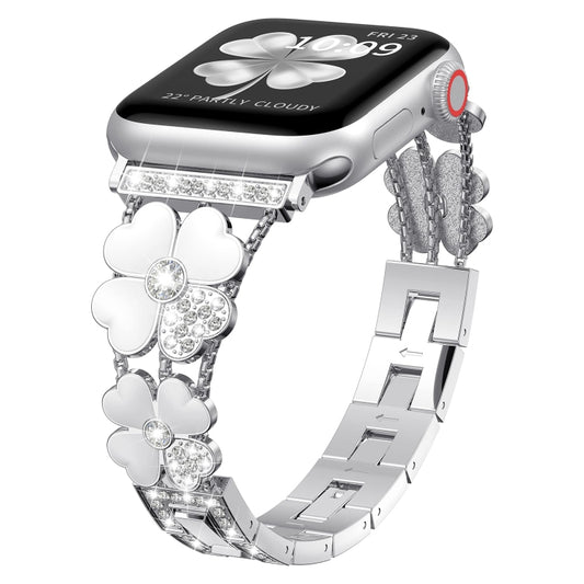 For Apple Watch 8 41mm Petal Metal Diamond Watch Band(Sliver+White) -  by PMC Jewellery | Online Shopping South Africa | PMC Jewellery