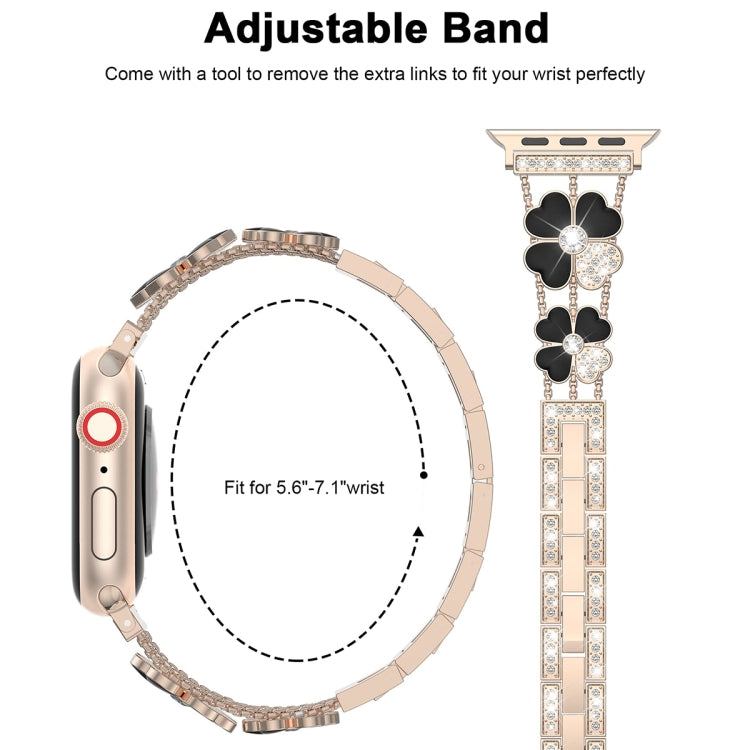 For Apple Watch 8 45mm Petal Metal Diamond Watch Band(Rose Gold+Black) -  by PMC Jewellery | Online Shopping South Africa | PMC Jewellery