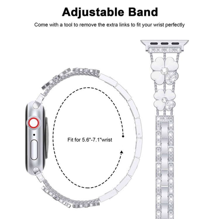 For Apple Watch 8 45mm Petal Metal Diamond Watch Band(Sliver+White) -  by PMC Jewellery | Online Shopping South Africa | PMC Jewellery