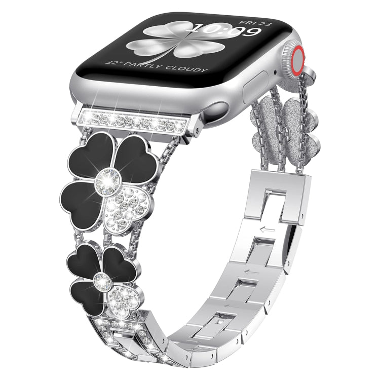 For Apple Watch 7 41mm Petal Metal Diamond Watch Band(Sliver+Black) -  by PMC Jewellery | Online Shopping South Africa | PMC Jewellery