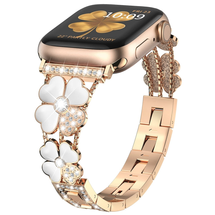 For Apple Watch 7 45mm Petal Metal Diamond Watch Band(Rose Gold+White) -  by PMC Jewellery | Online Shopping South Africa | PMC Jewellery