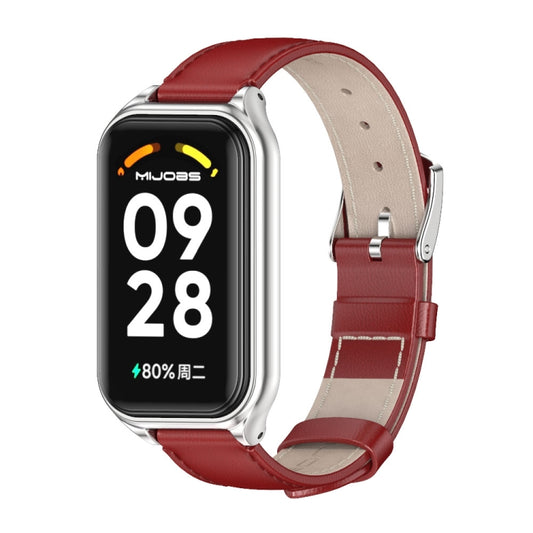 For Xiaomi Smart Band 8 Active / Redmi Band 2 Mijobs Metal Shell Genuine Leather Watch Band(Red Silver) - Watch Bands by MIJOBS | Online Shopping South Africa | PMC Jewellery | Buy Now Pay Later Mobicred