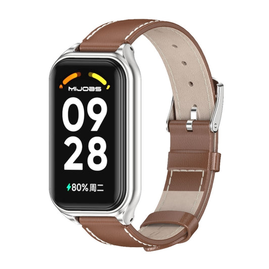 For Xiaomi Smart Band 8 Active / Redmi Band 2 Mijobs Metal Shell Genuine Leather Watch Band(Brown Silver) - Watch Bands by MIJOBS | Online Shopping South Africa | PMC Jewellery | Buy Now Pay Later Mobicred