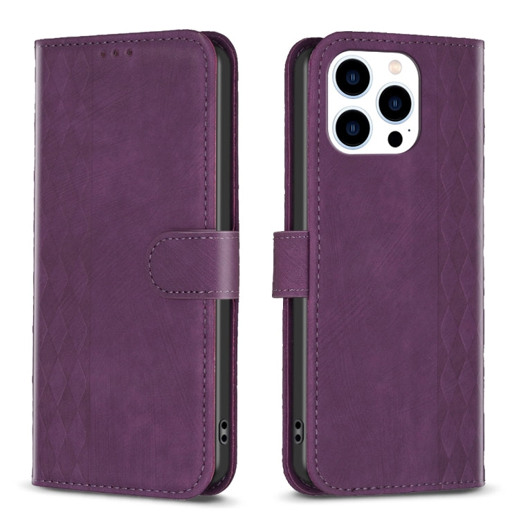 For iPhone 14 Pro Plaid Embossed Leather Phone Case(Purple) - iPhone 14 Pro Cases by PMC Jewellery | Online Shopping South Africa | PMC Jewellery