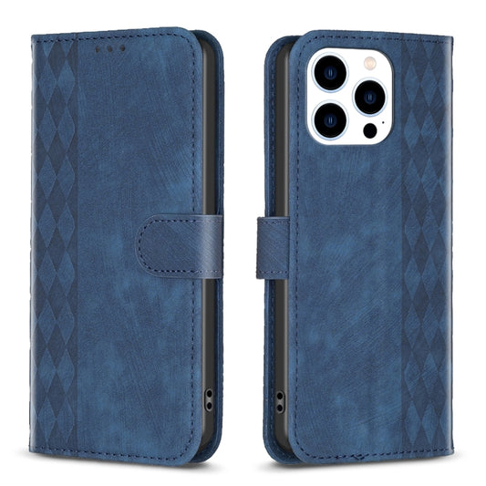 For iPhone 15 Pro Max Plaid Embossed Leather Phone Case(Blue) - iPhone 15 Pro Max Cases by PMC Jewellery | Online Shopping South Africa | PMC Jewellery