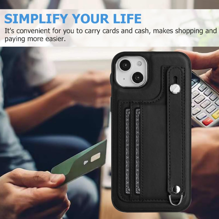 For iPhone 14 Plus Shockproof Leather Phone Case with Wrist Strap(Black) - iPhone 14 Plus Cases by PMC Jewellery | Online Shopping South Africa | PMC Jewellery