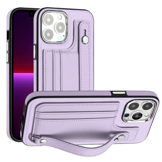 For iPhone 14 Pro Max Shockproof Leather Phone Case with Wrist Strap(Purple) - iPhone 14 Pro Max Cases by PMC Jewellery | Online Shopping South Africa | PMC Jewellery