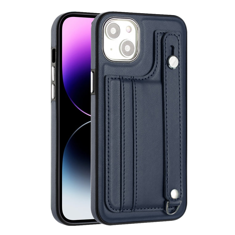 For iPhone 15 Plus Shockproof Leather Phone Case with Wrist Strap(Blue) - free shipping - PMC TechLife - Order now!