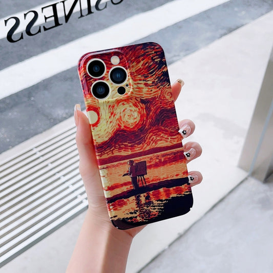 For iPhone 12 Pro Max Precise Hole Oil Painting Pattern PC Phone Case(Sunset) - iPhone 12 Pro Max Cases by PMC Jewellery | Online Shopping South Africa | PMC Jewellery