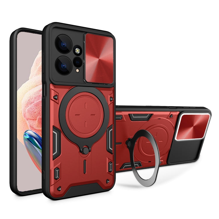 For Xiaomi Redmi Note 12 4G CD Texture Sliding Camshield Magnetic Holder Phone Case(Red) - Xiaomi Cases by PMC Jewellery | Online Shopping South Africa | PMC Jewellery