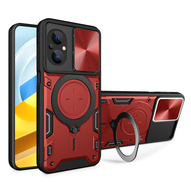 For Xiaomi Poco M5 5G CD Texture Sliding Camshield Magnetic Holder Phone Case(Red) - Poco M5 Cases by PMC Jewellery | Online Shopping South Africa | PMC Jewellery