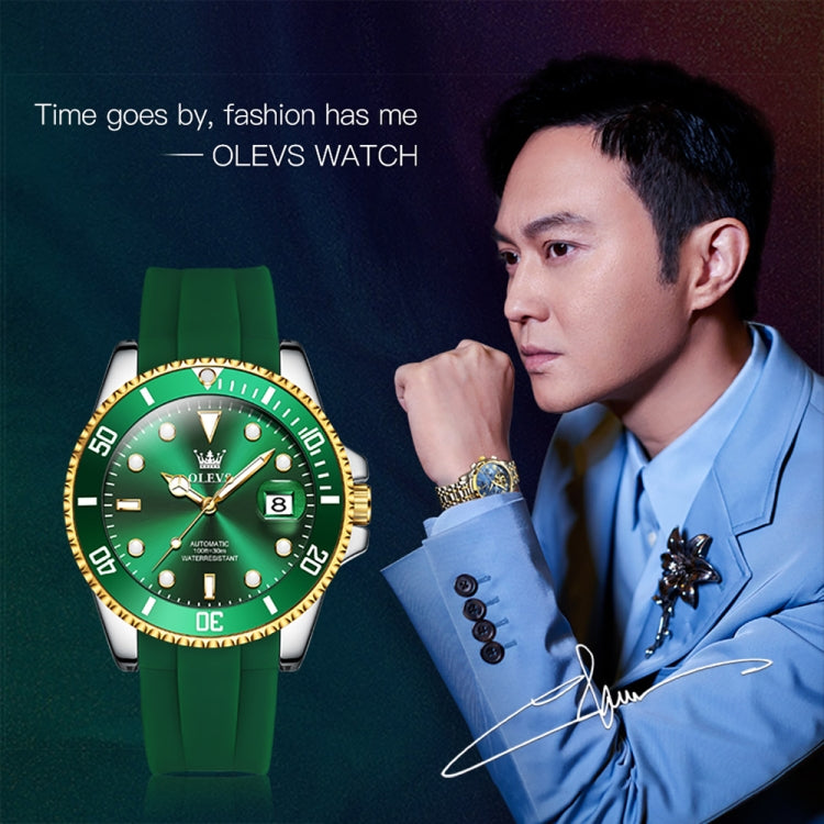 OLEVS 6650 Men Luminous Waterproof Silicone Strap Mechanical Watch(Green + Gold) - Silicone Strap Watches by OLEVS | Online Shopping South Africa | PMC Jewellery