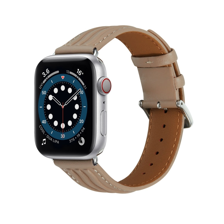 Embossed Line Genuine Leather Watch Band For Apple Watch SE 2022 44mm(Milky Brown) - Watch Bands by PMC Jewellery | Online Shopping South Africa | PMC Jewellery