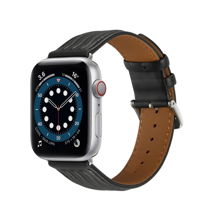 Embossed Line Genuine Leather Watch Band For Apple Watch 7 45mm(Black) - Watch Bands by PMC Jewellery | Online Shopping South Africa | PMC Jewellery