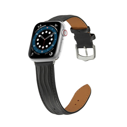 Embossed Line Genuine Leather Watch Band For Apple Watch 5 44mm(Black) - Watch Bands by PMC Jewellery | Online Shopping South Africa | PMC Jewellery