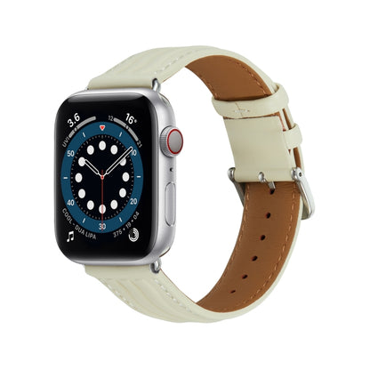 Embossed Line Genuine Leather Watch Band For Apple Watch 4 44mm(Milky White) - Watch Bands by PMC Jewellery | Online Shopping South Africa | PMC Jewellery