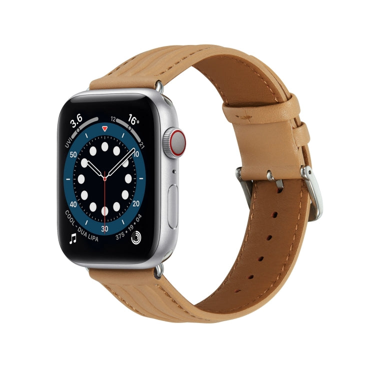 Embossed Line Genuine Leather Watch Band For Apple Watch 4 40mm(Khaki) - Watch Bands by PMC Jewellery | Online Shopping South Africa | PMC Jewellery