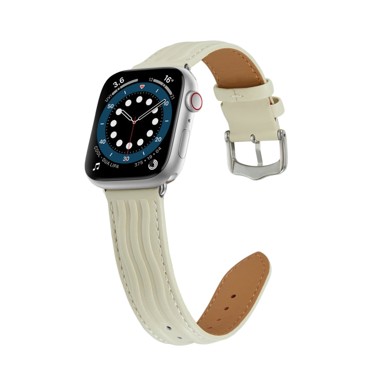 Embossed Line Genuine Leather Watch Band For Apple Watch 3 42mm(Milky White) - Watch Bands by PMC Jewellery | Online Shopping South Africa | PMC Jewellery