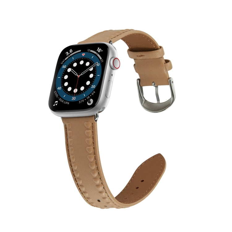 Embossed Love Genuine Leather Watch Band For Apple Watch Ultra 49mm(Khaki) - Watch Bands by PMC Jewellery | Online Shopping South Africa | PMC Jewellery