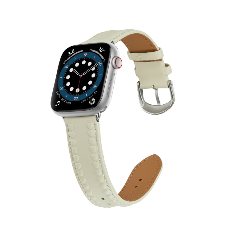 Embossed Love Genuine Leather Watch Band For Apple Watch 6 44mm(Milky White) - Watch Bands by PMC Jewellery | Online Shopping South Africa | PMC Jewellery