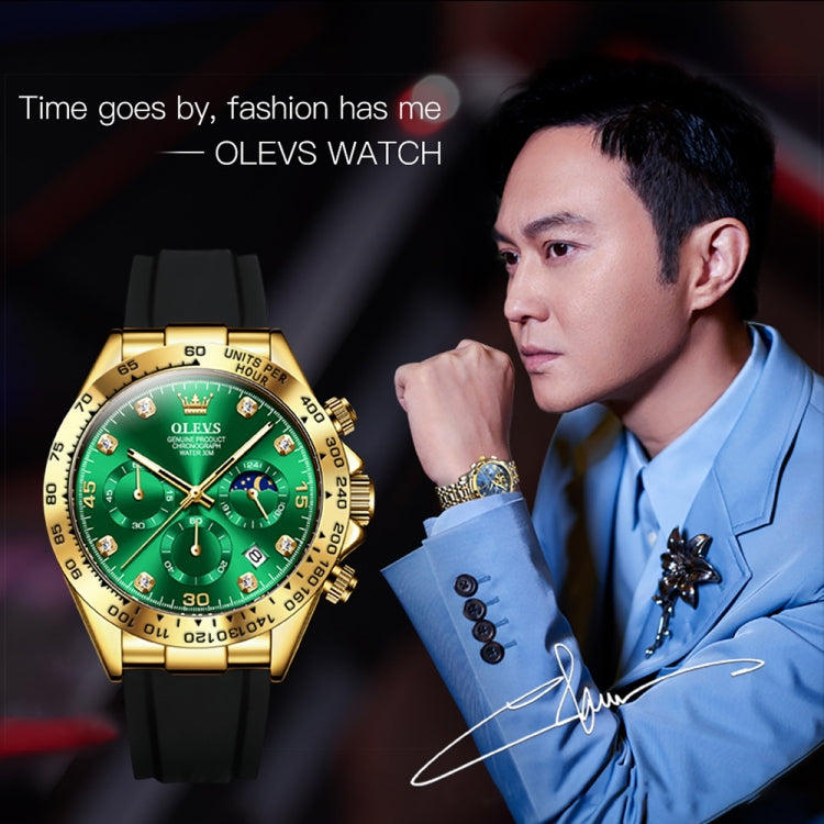 OLEVS 2875 Men Multifunctional Sports Chronograph Waterproof Quartz Watch(Green + Gold) - Silicone Strap Watches by OLEVS | Online Shopping South Africa | PMC Jewellery