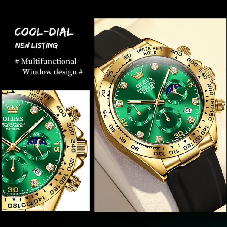 OLEVS 2875 Men Multifunctional Sports Chronograph Waterproof Quartz Watch(Green + Gold) - Silicone Strap Watches by OLEVS | Online Shopping South Africa | PMC Jewellery