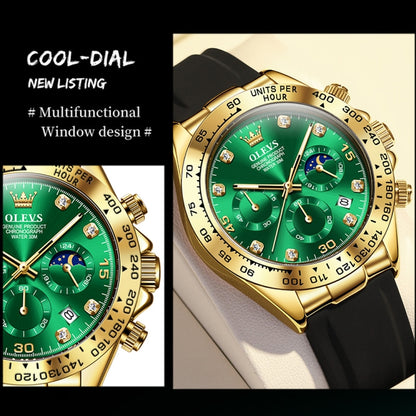 OLEVS 2875 Men Multifunctional Sports Chronograph Waterproof Quartz Watch(Green + Gold) - Silicone Strap Watches by OLEVS | Online Shopping South Africa | PMC Jewellery